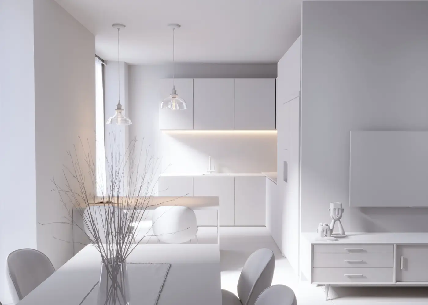 Kitchen and dining, all lights