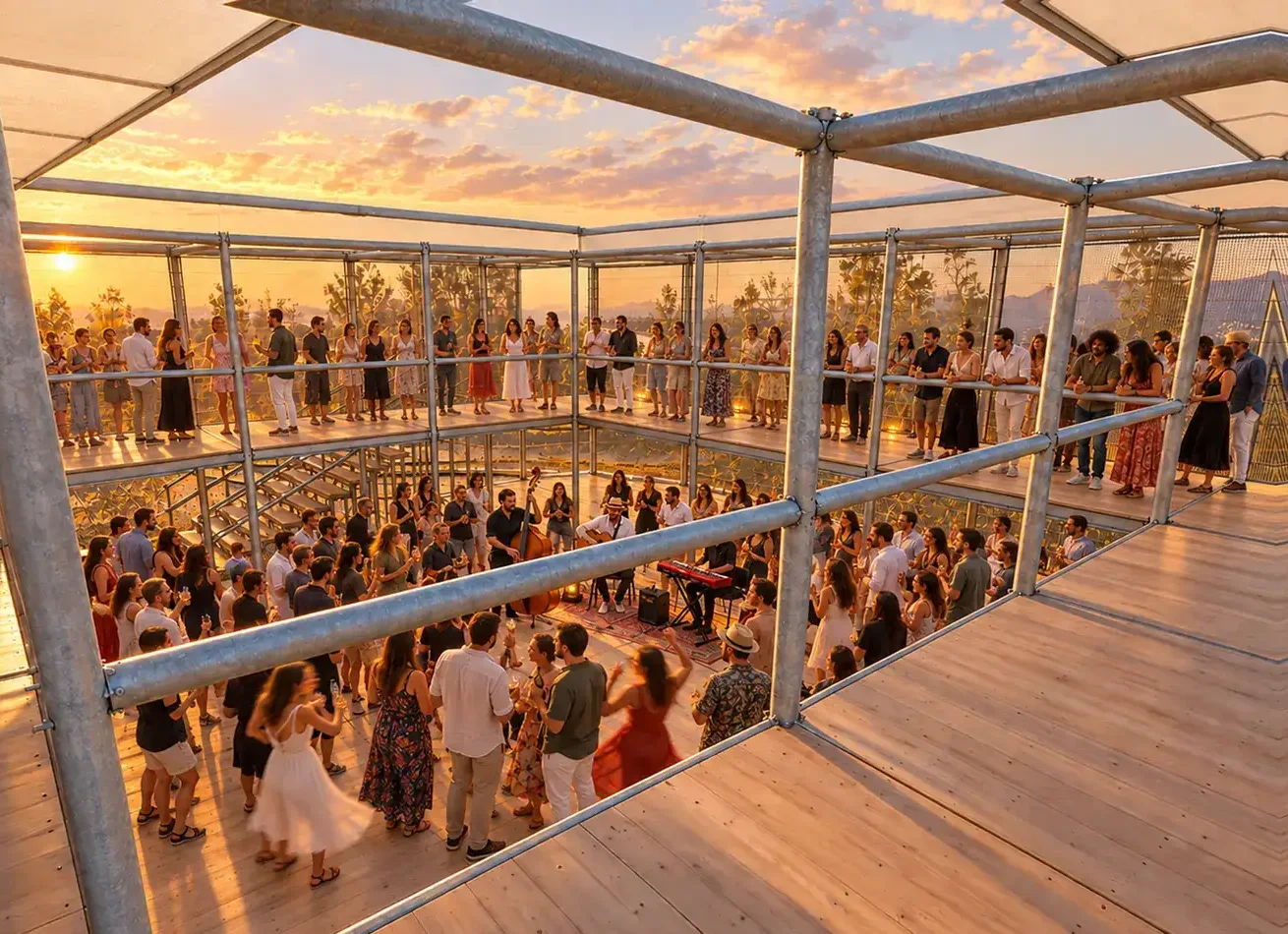 AI-generated render from the hand sketch: the pavilion at sunset with a crowd and a band playing on the ground floor