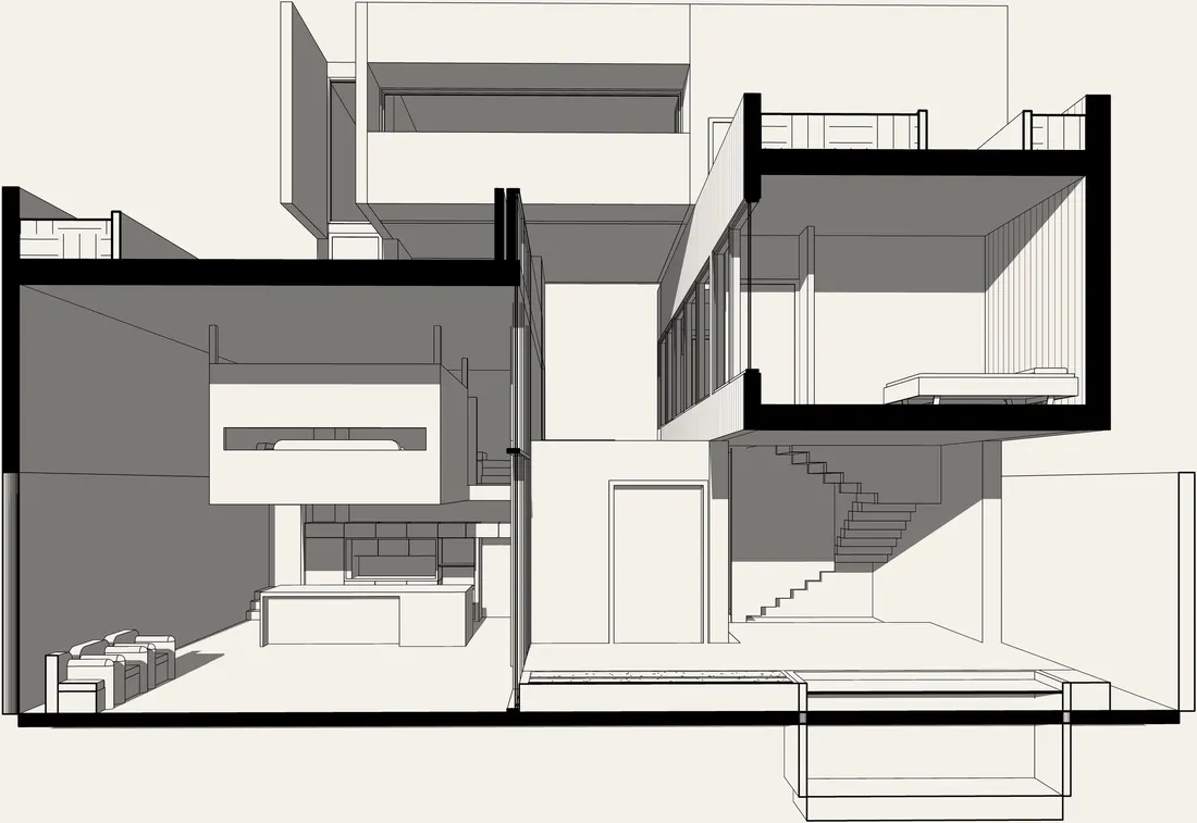 Sectional perspective: the red box inside the glass living space